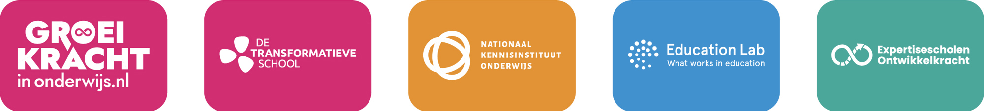 Overzicht logo's onze samenwerkingspartners: Groeikracht, De Transformatieve School, Het Nationaal Kennisinstituut Onderwijs (NKO), Education Lab NL, Expertisescholen Ontwikkelkracht
