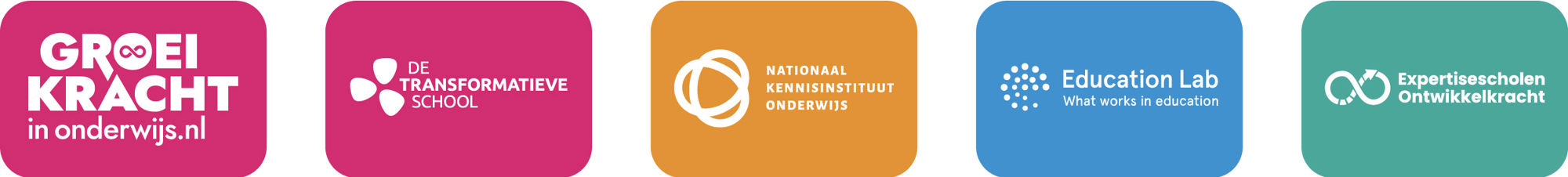 Overzicht logo's onze samenwerkingspartners: Groeikracht, De Transformatieve School, Het Nationaal Kennisinstituut Onderwijs (NKO), Education Lab NL, Expertisescholen Ontwikkelkracht