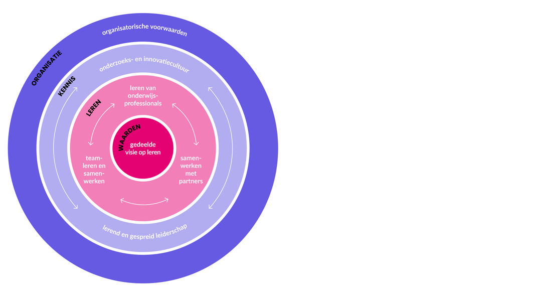 Visualisatie van een lerende organisatie met zeven dimensies: gedeelde visie op leren, teamleren en samenwerken, leren van onderwijsprofessionals, samenwerken met partners, onderzoeks- en innovatiecultuur, lerend en gespreid leiderschap en organisatorische voorwaarden.